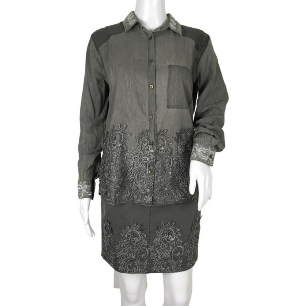 NWT Desigual Women's Shirt Embroidery Details Grey Sz M